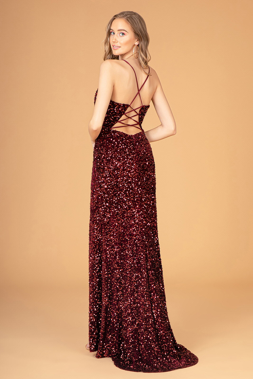 Sequins Embellished Velvet Sheath Gown w/ Leg Slit & Spaghetti Straps GLGL3081-2